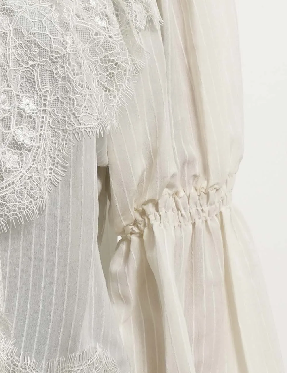 Sheer Lace Panel V Neck Button Front Blouse
