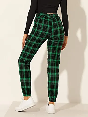 Women's Plaid Sweatpants Casual Tapered Tie High Waisted Tartan Pants with Pockets