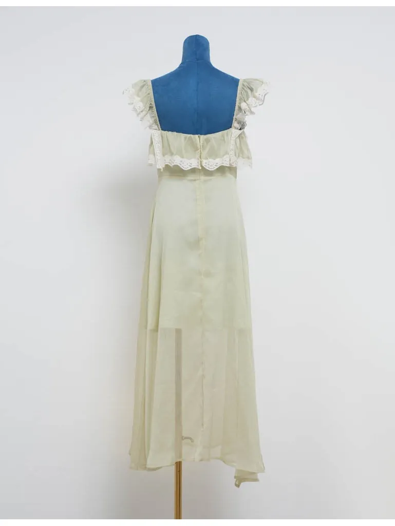 Ruffle Sleeves Lace Trim Square Neck Button Front Midi Dress