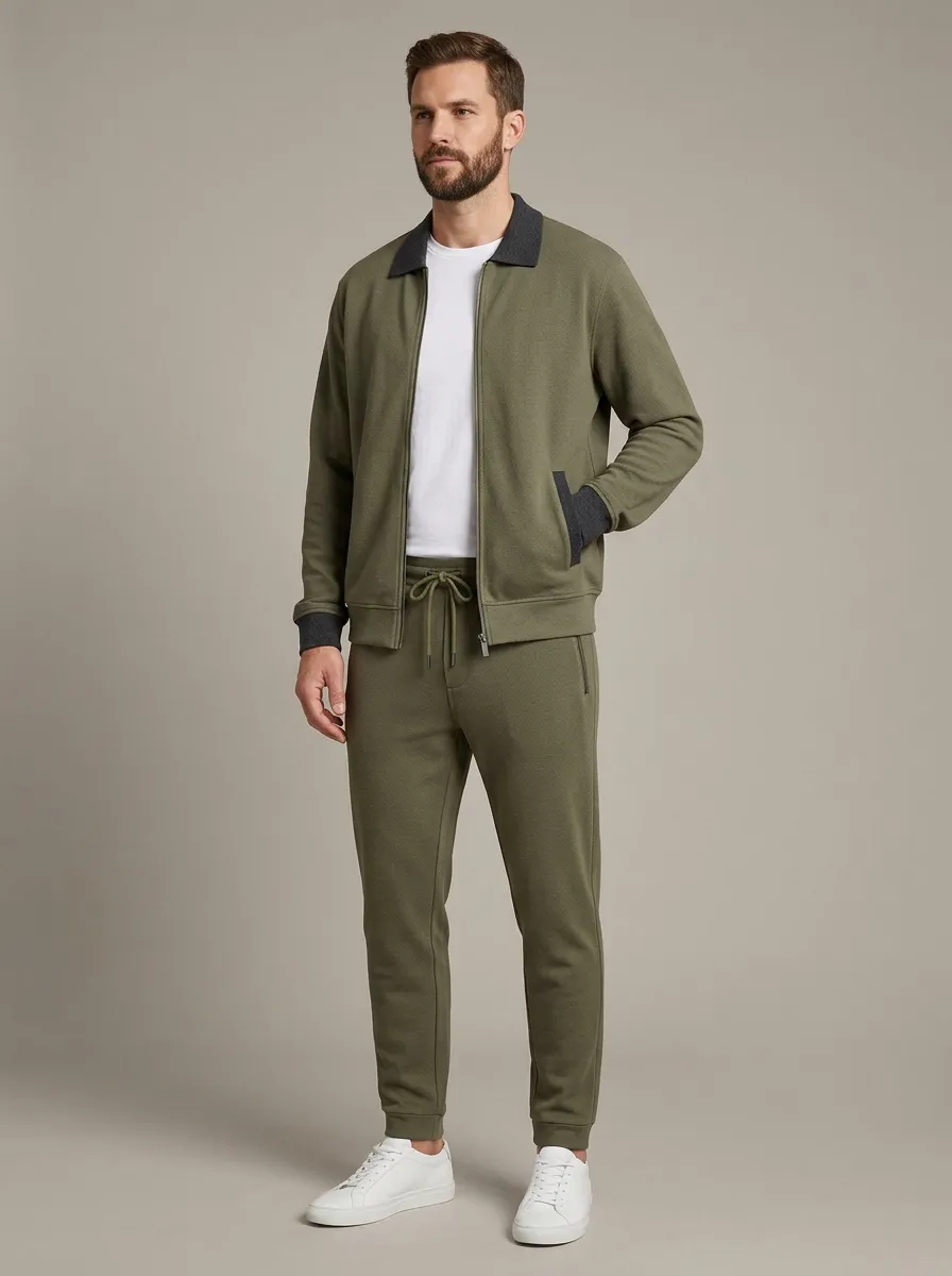 Men's Classic Zip-Up Polo Collar Jacket and Jogger Pants Set