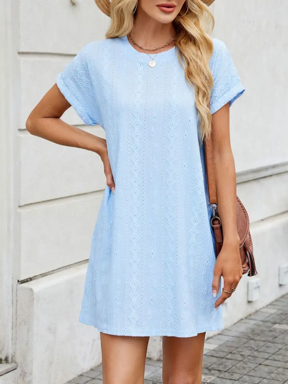Eyelet Round Neck Mini Dress