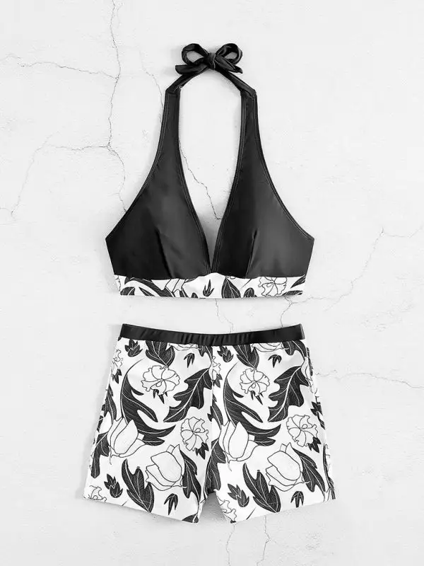 High Waist Boxer Panel Bikini Top Swim Set