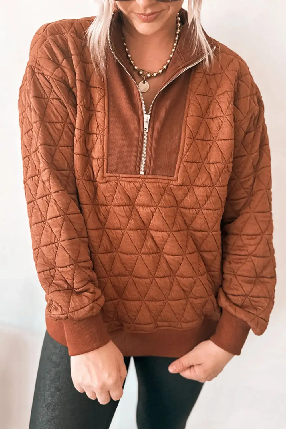 Relaxed Quilted Zip Detail Zip Pullover Sweatshirt