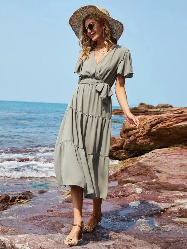 Women Surplice Front Ruffle Hem Belted Dress