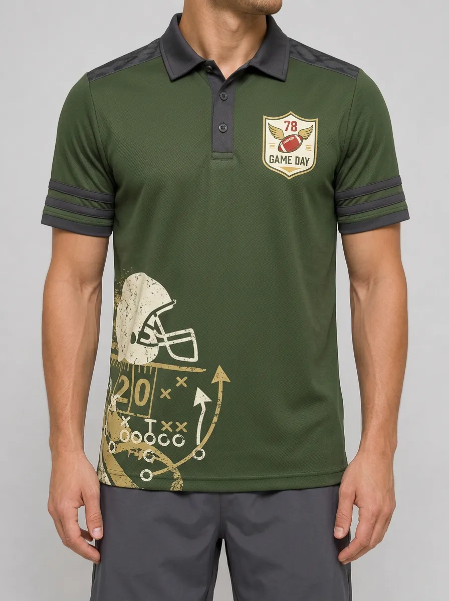 Men's American Football Game Day Helmet Playbook Printed Polo Shirt