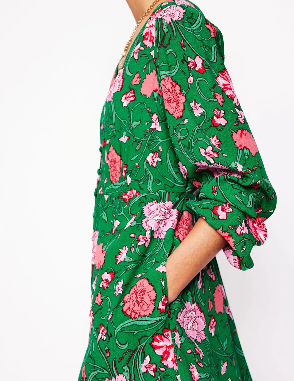 Button Front Collar V neck Long Sleeve Dress