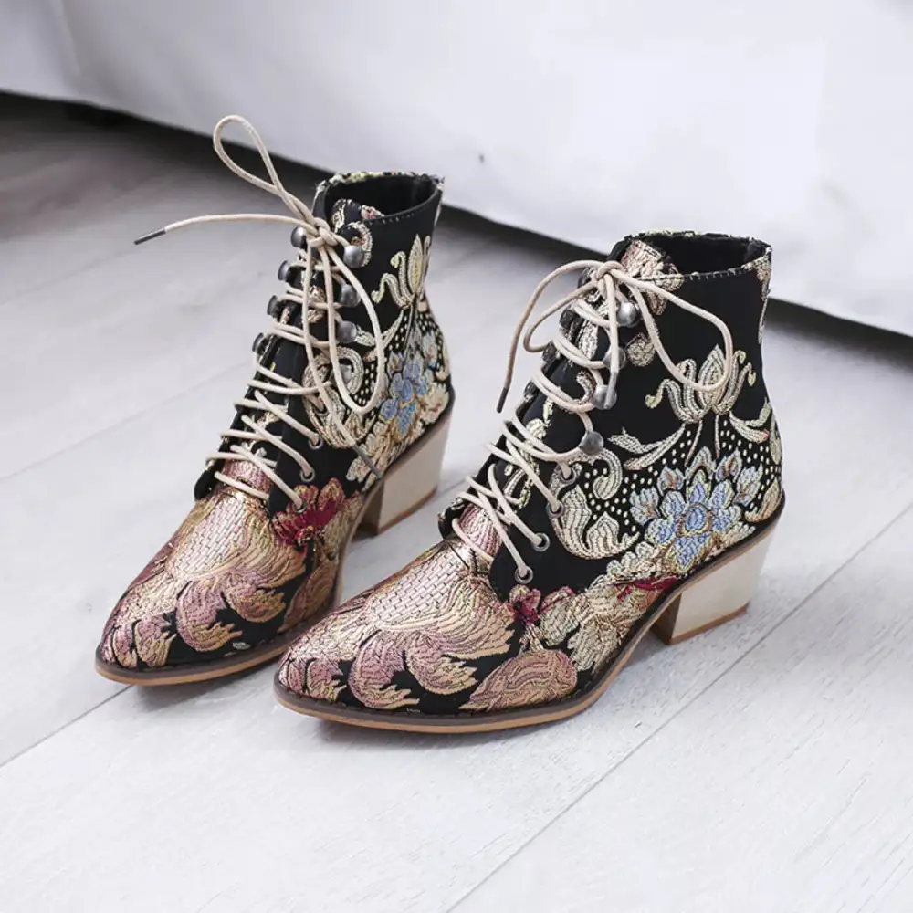 Embroidered Floral Lace Up Ankle Boots