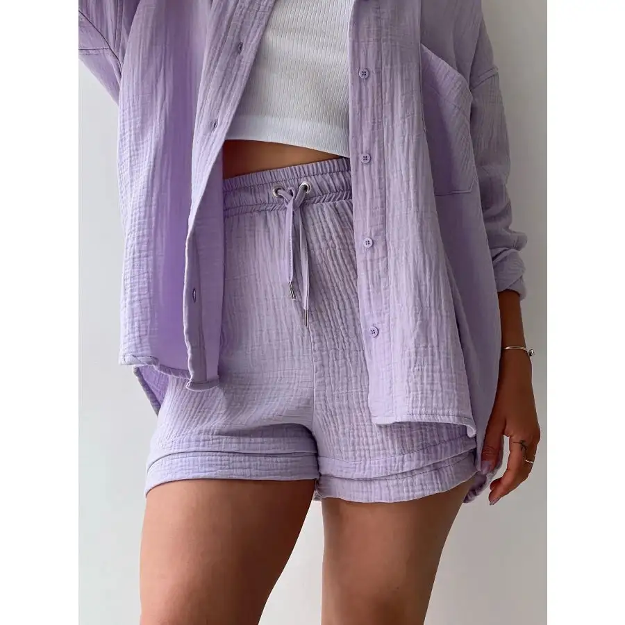 Relaxed Textured Button Up Shirt and Shorts Set