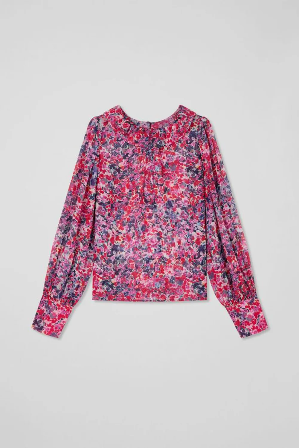 Pink Floral Print Ruffle Neck Long Sleeve Top