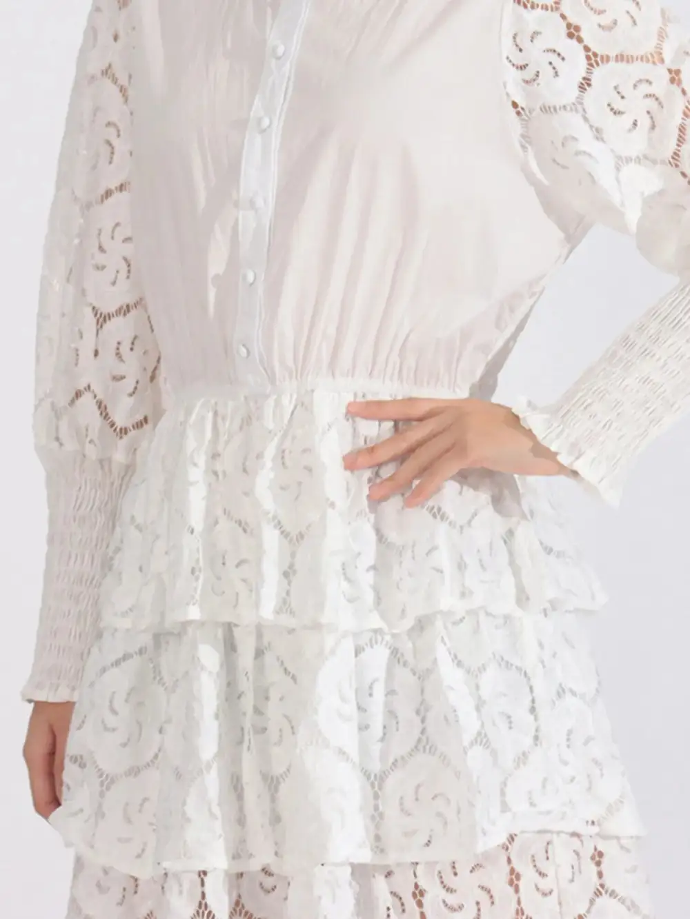 Textured Detail Lace Long Sleeve Dress