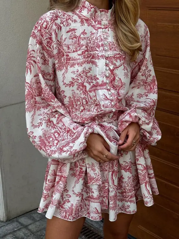 Relaxed Puff Sleeve Pleated Printed Split Joint Tied Waist Stand Collar