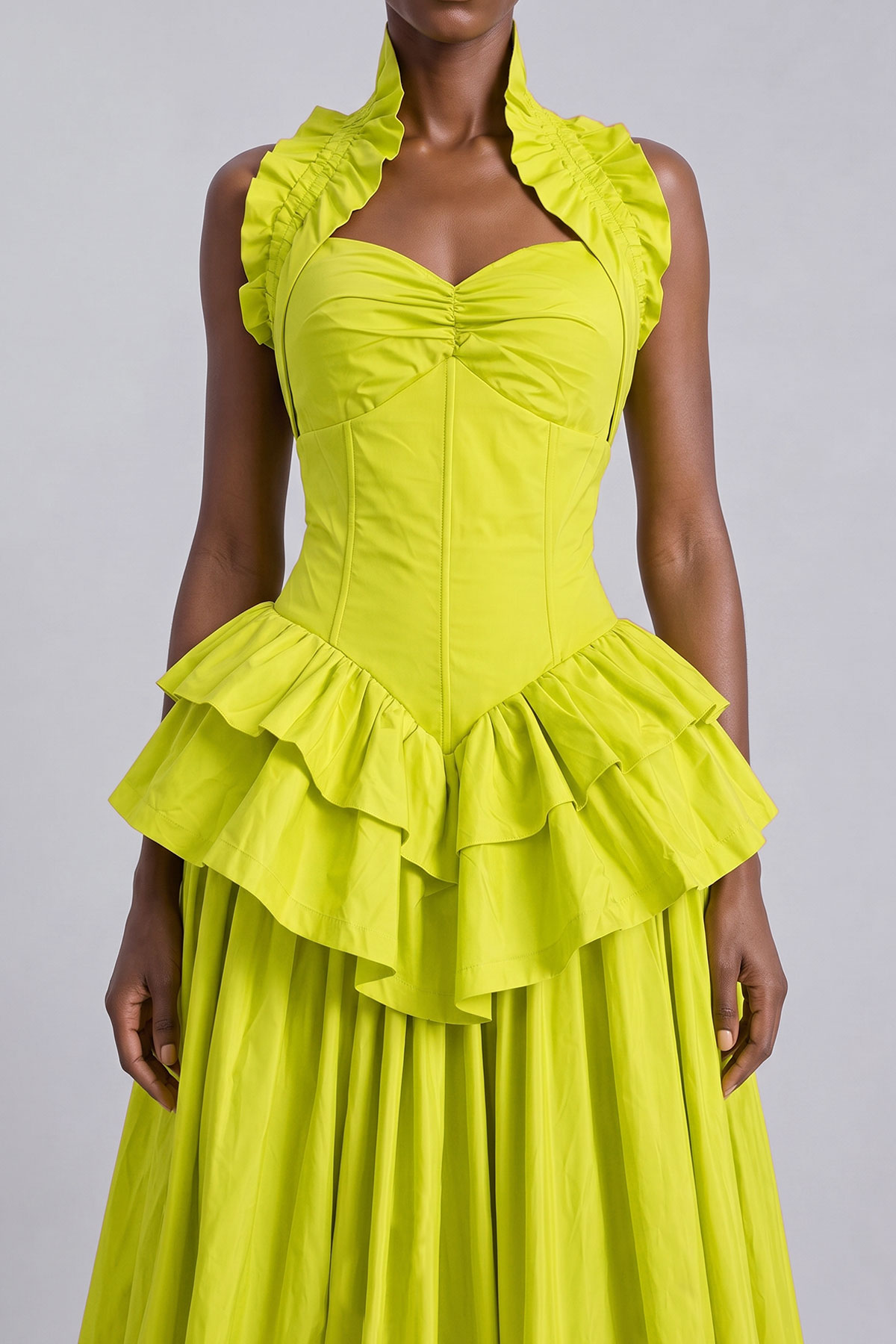 Classic Ruched Ruffle Midi Dress