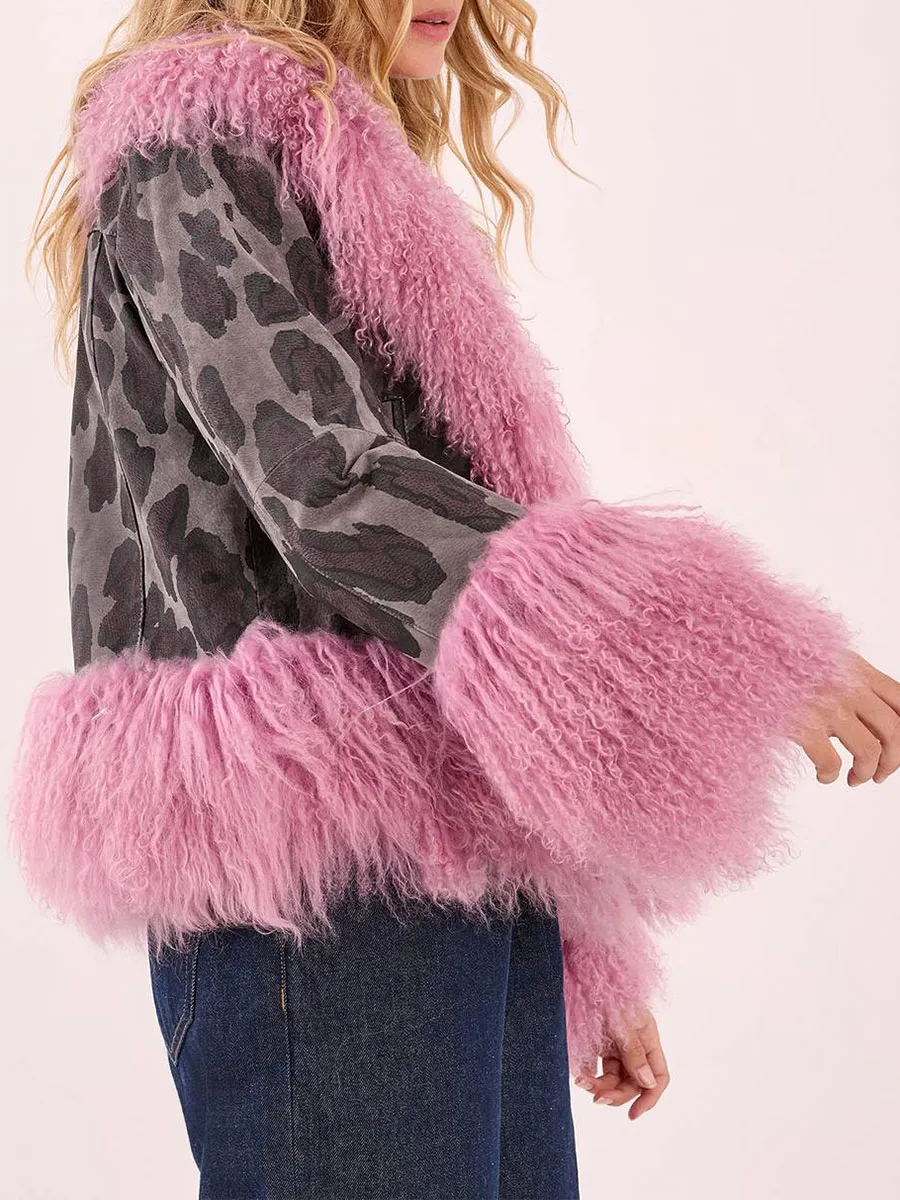 Women's Contrast Fuzzy & Leopard-Print Cropped Jacket