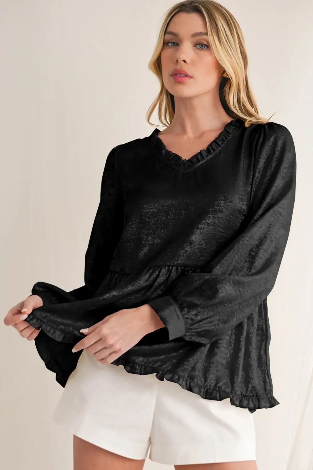Layered Velvet Frilled Puff Sleeve Blouse
