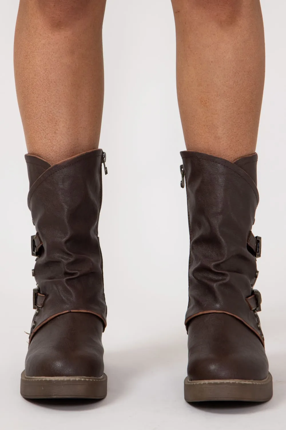 Western Buckle Detail Faux Leather Zip Entry Bootie