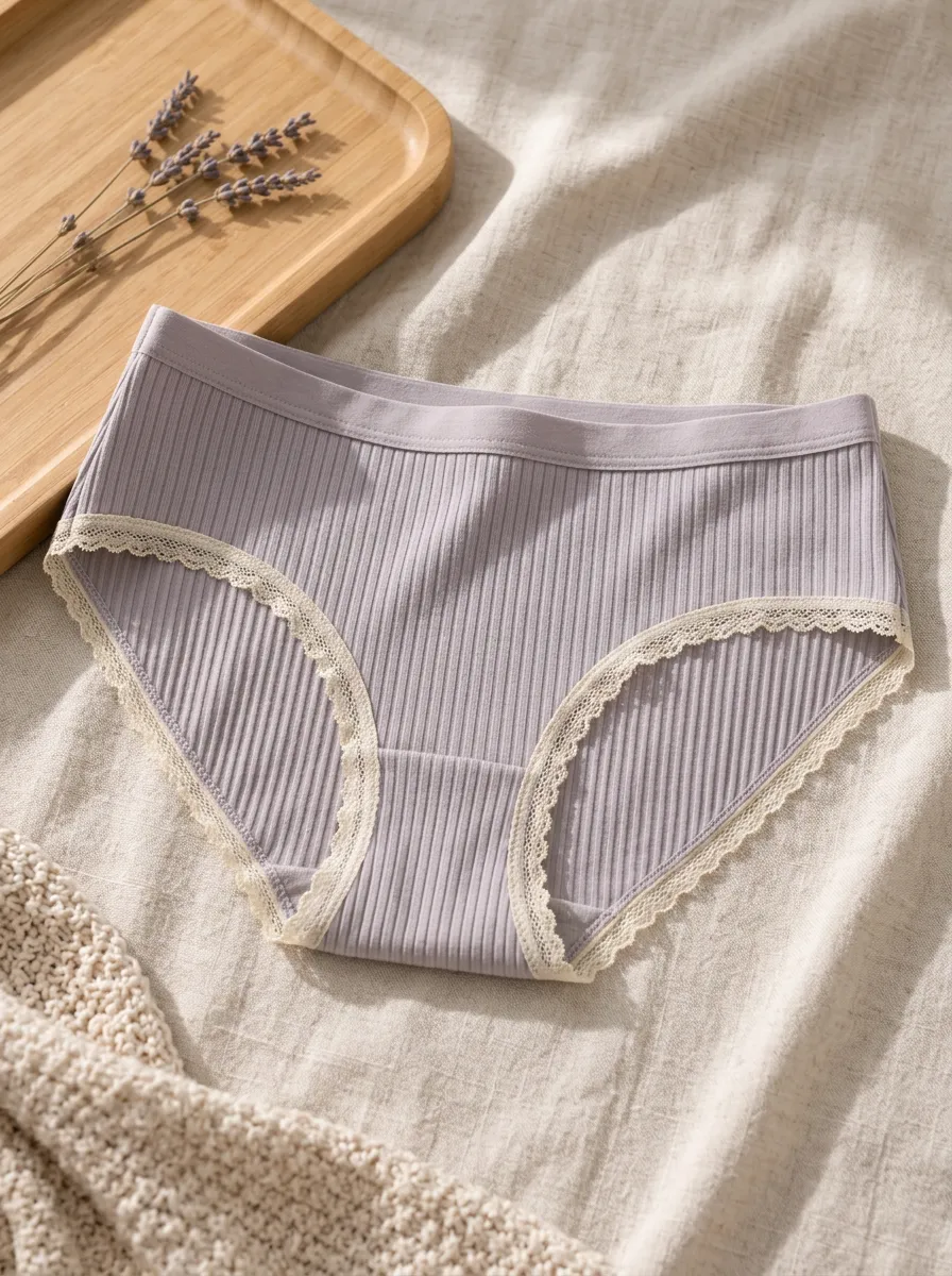 Women's Purple Ribbed Lace Trim Cotton Panties