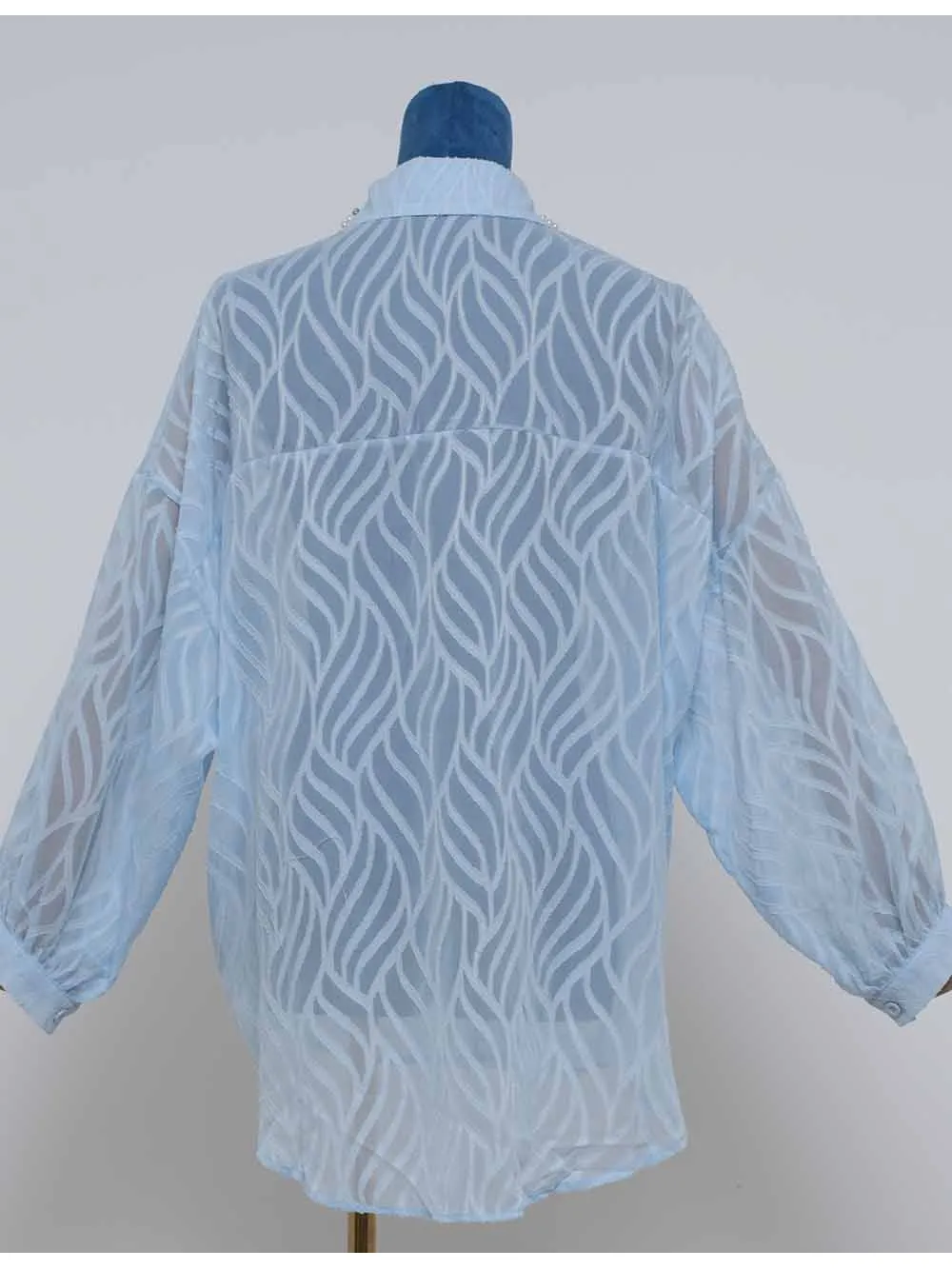 Chic Bead Shirt Collar Lantern Sleeves Jacquard Blouse