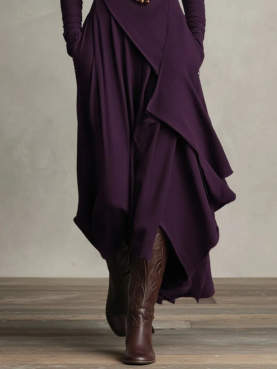 High Neck Drapedd Asymmetric Maxi Dress