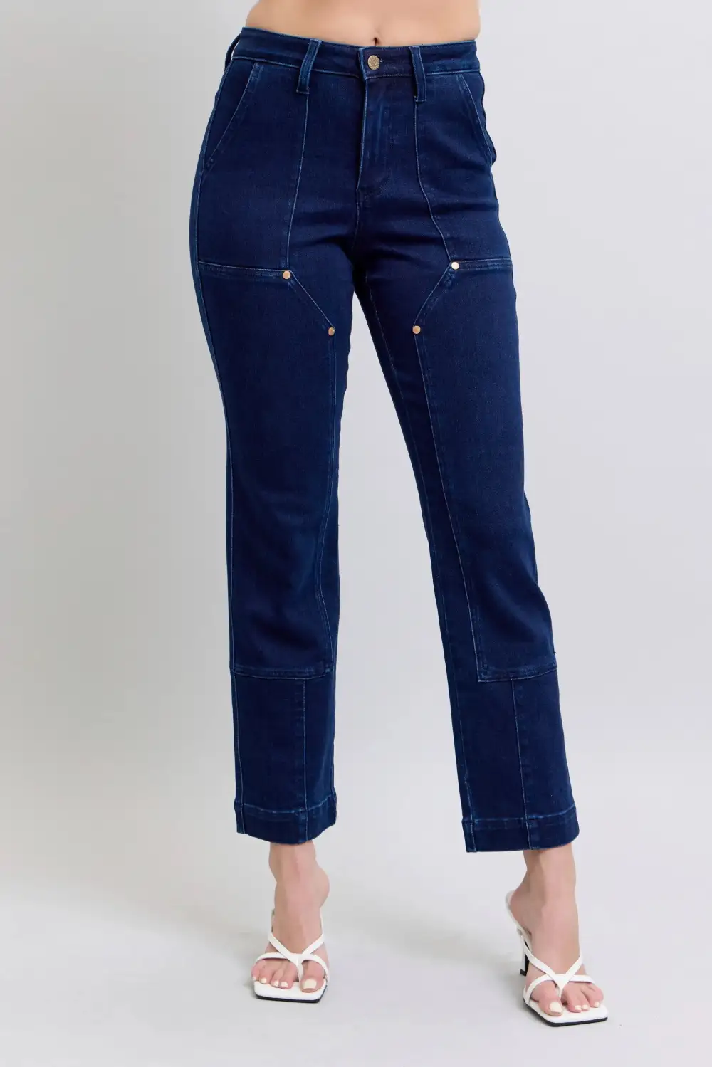 Cropped Washed Pocketed Stretch Straight Leg Jeans