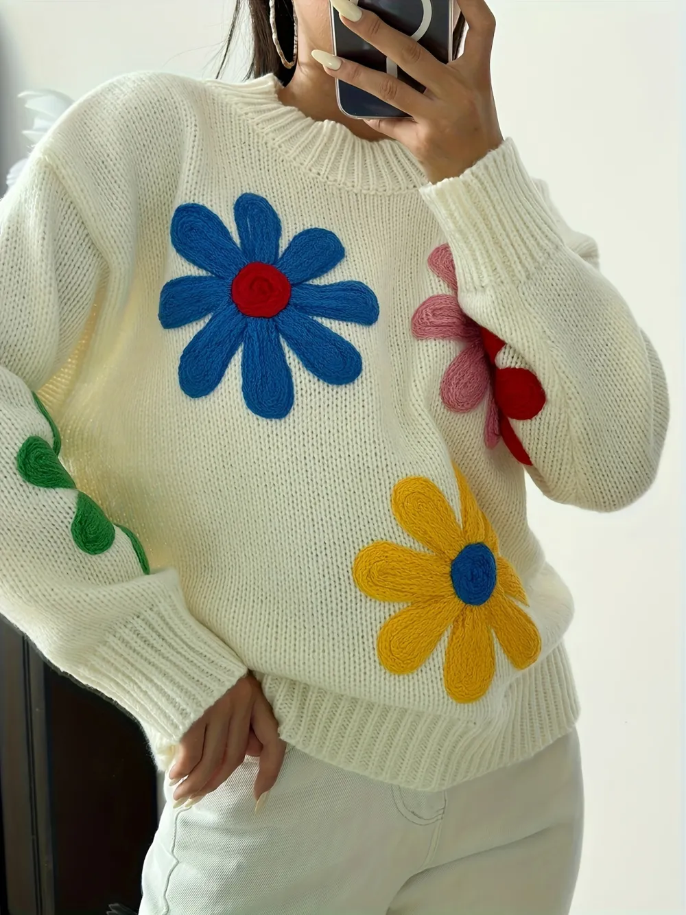Floral Pattern Crew Neck Pullover Sweater Casual