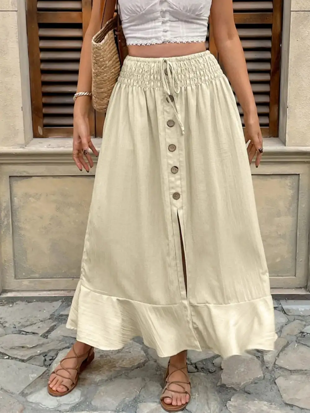 Button Front Smocked Skirt