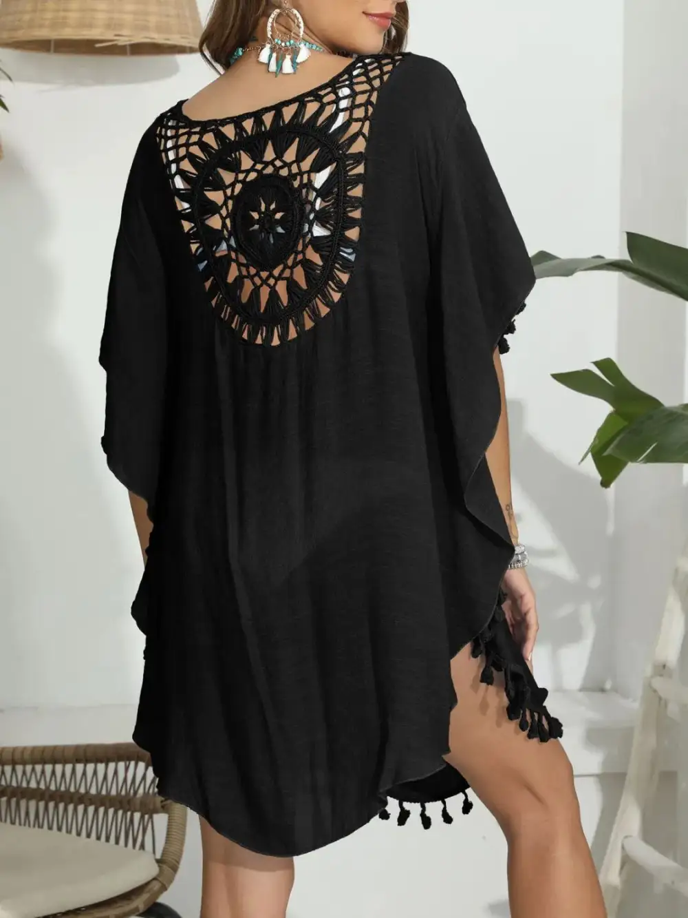 Tassel Crochet Round Neck Swim Cover Up
