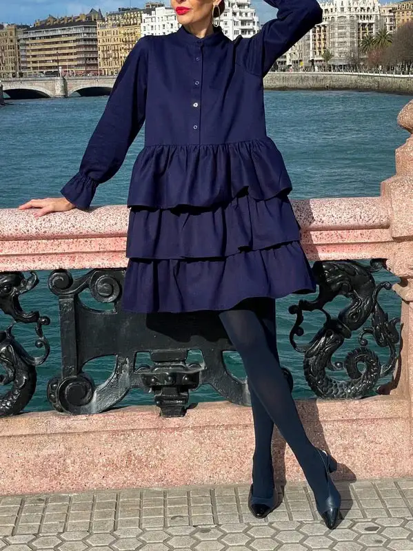 Flared Sleeve Long Sleeve Buttoned Elasticity Layered Solid Color V Neck