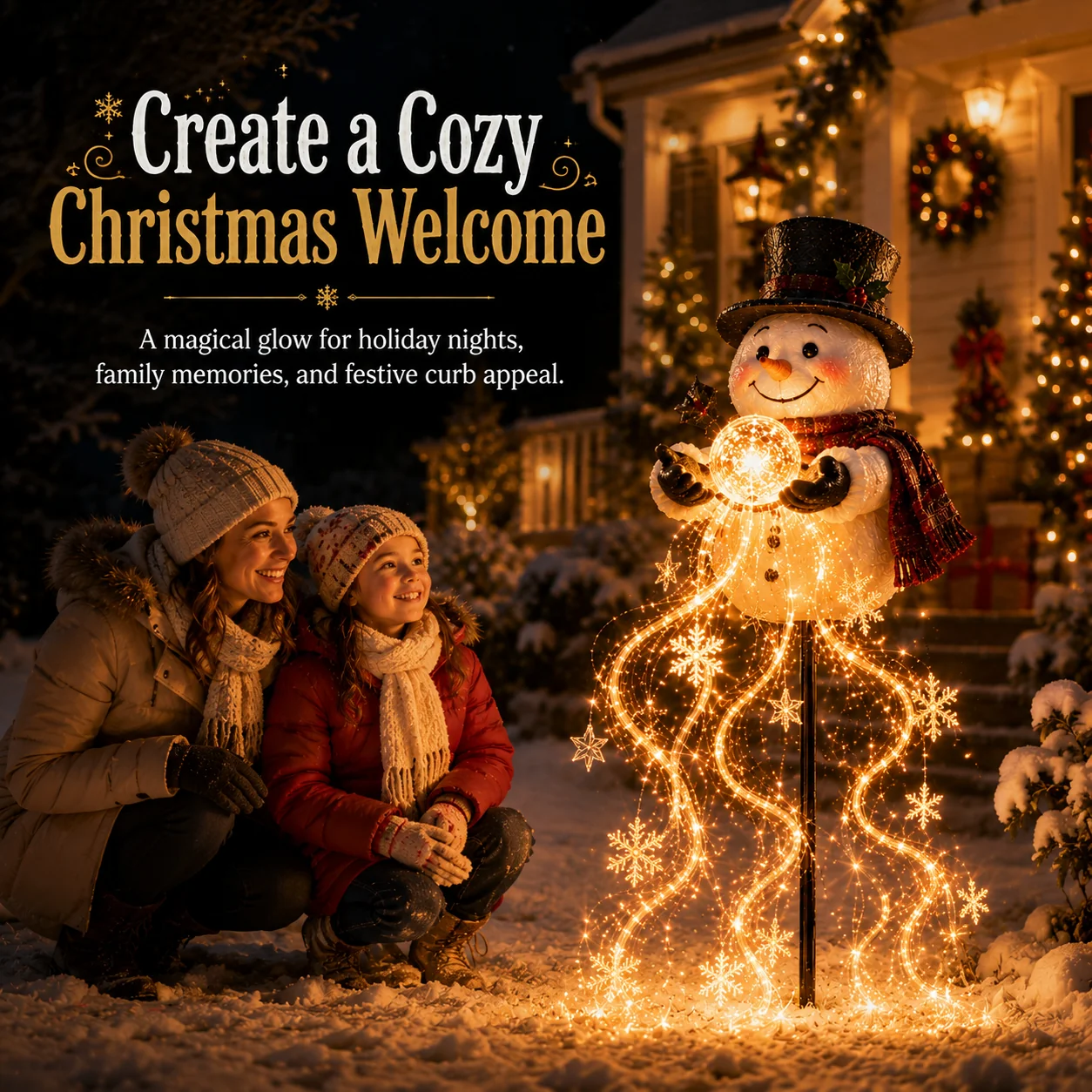 Family enjoying a glowing snowman Christmas garden display