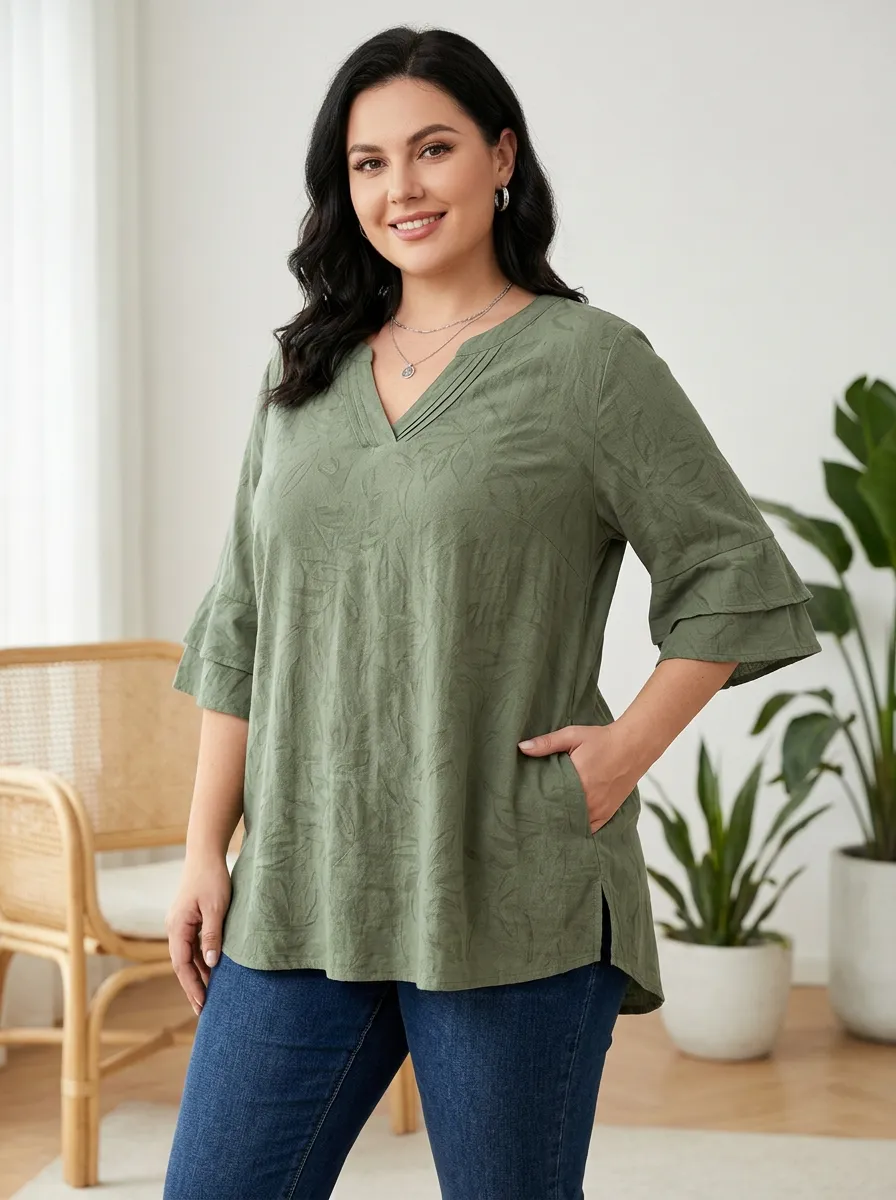 Women's Plus Size Olive Leaf Pattern Printed V-Neck Loose T-Shirt