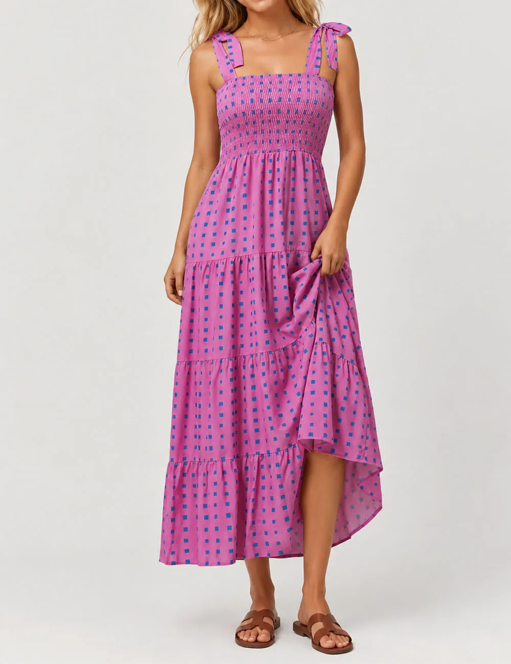Abstract Smocked Strap Square Neck Midi Dress