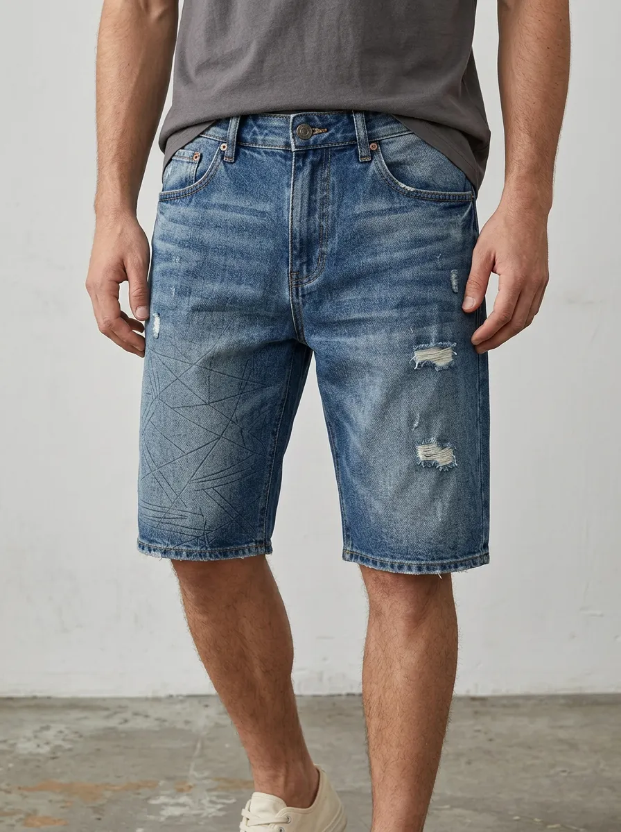 Men's Modern Geometric Distressed Distressed Denim Shorts