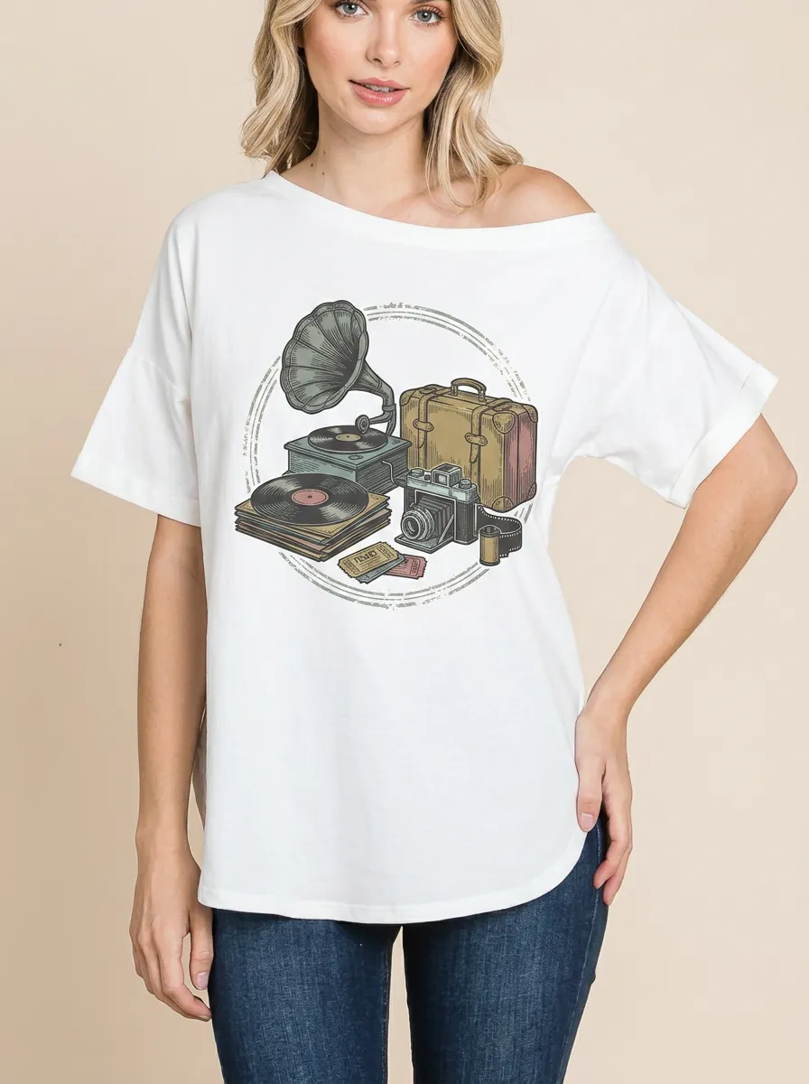 Women's Vintage Retro Collector Gramophone Camera Graphic Off-Shoulder T-Shirt