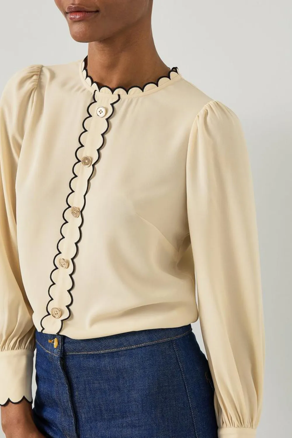 Cream Scallop Trim Long Sleeve Button Up Top
