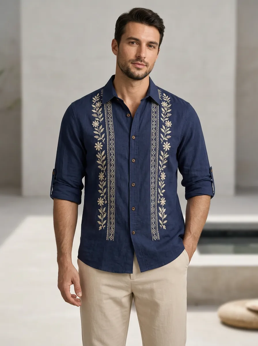 Men's Floral Contemporary Embroidered Linen Shirt
