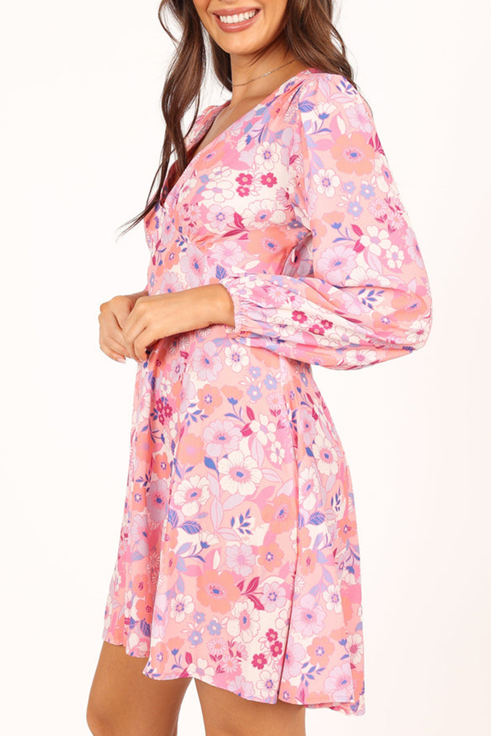 PINK FLORAL LONG SLEEVE MINI DRESS