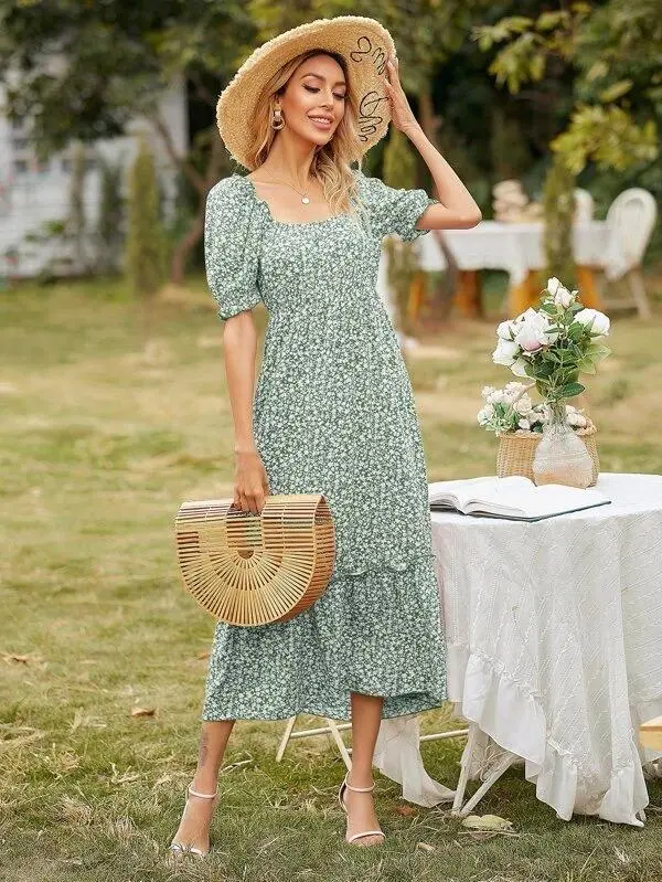 Women Square Neck Ditsy Floral Frill Trim Dress