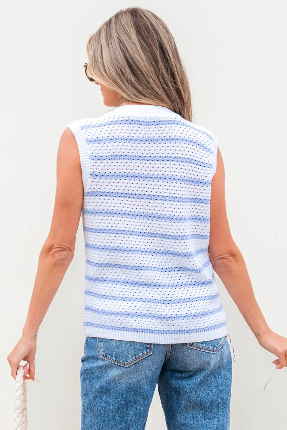 Stripe V-Neck Gold Buttons Elegant Sweater Vest