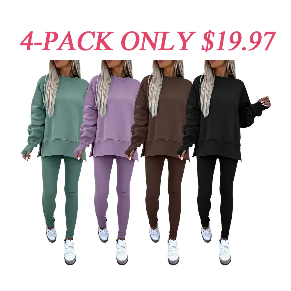 🔥6 PACKS $23.97🔥Women Casual Two Piece Outfits Oversized Pullover Sweatshirts with Thumb Hole Slit Ribbed Pants