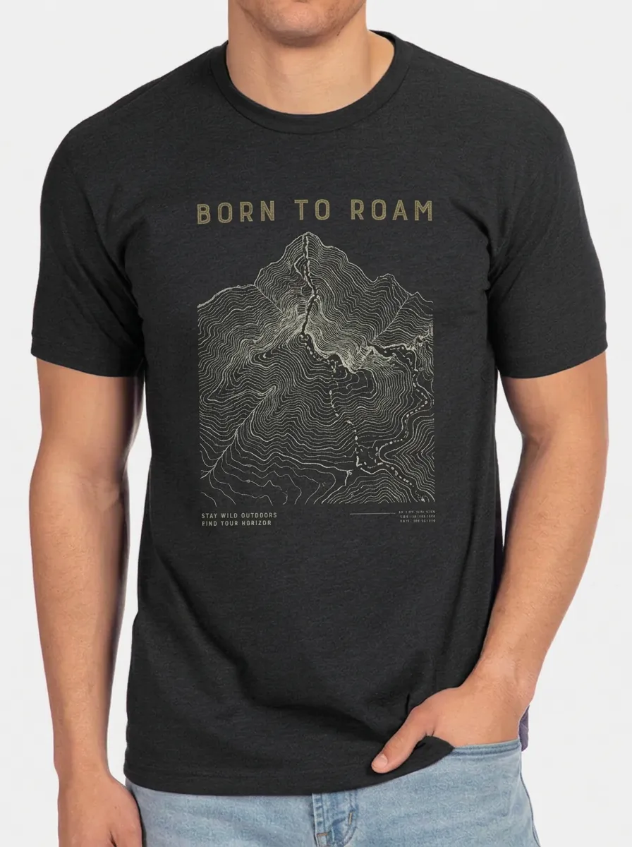 Men's Crewneck Highland Trail Outdoor Adventure Born To Roam Mountain Topographic Graphic T-Shirt