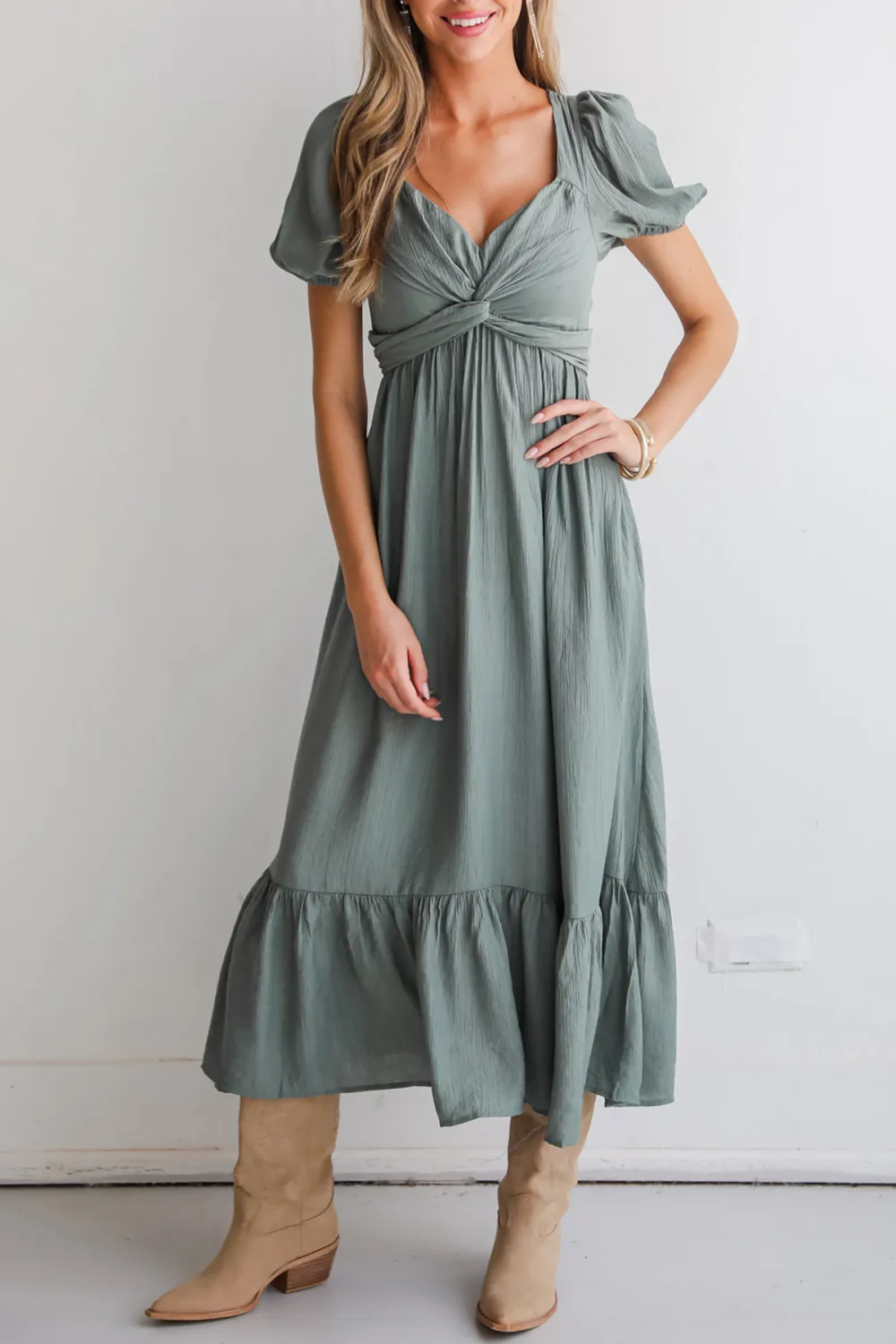 Unlined Sleeves Sage Midi Dress