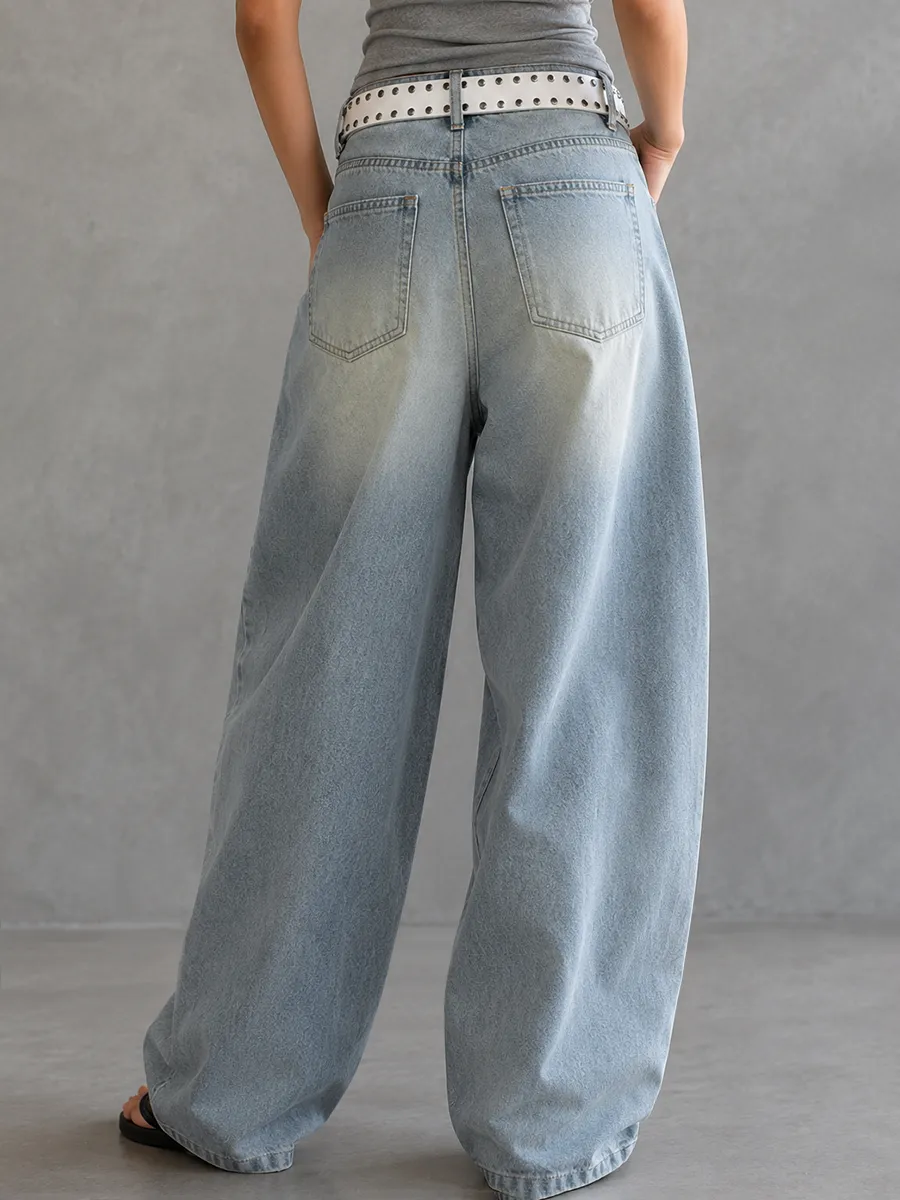 Minimal High Waist Wide Leg Seamed Cutout Detail Buckle Detail Pocket Jeans