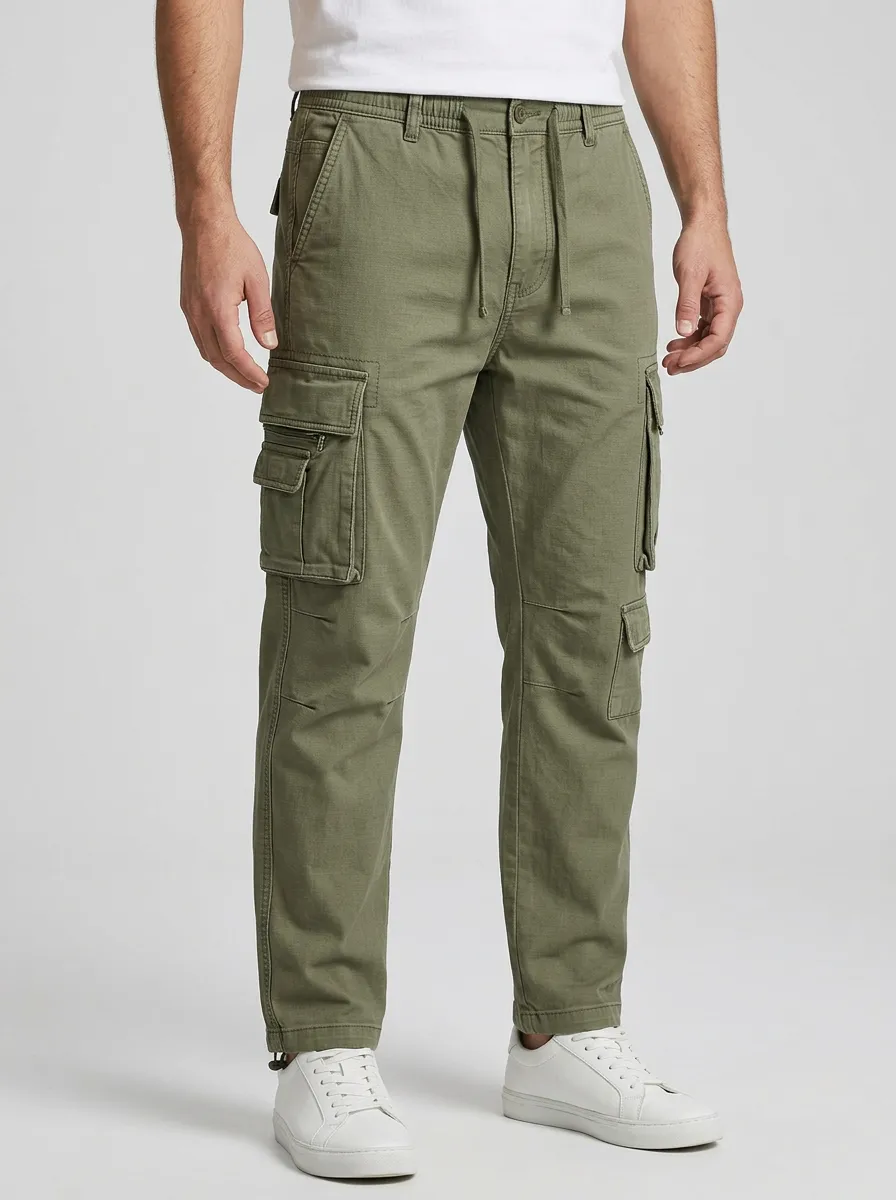 Men's Olive Green Multi-Pocket Drawstring Cargo Pants