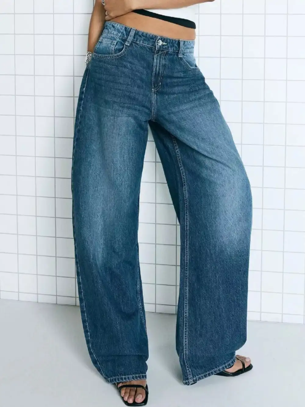 Polished Wide Leg Washed Denim Jeans
