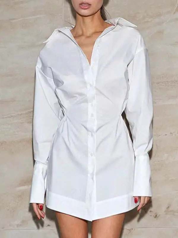 High Waisted Long Sleeve Buttoned Pleated Solid Color Lapel Mini Dress