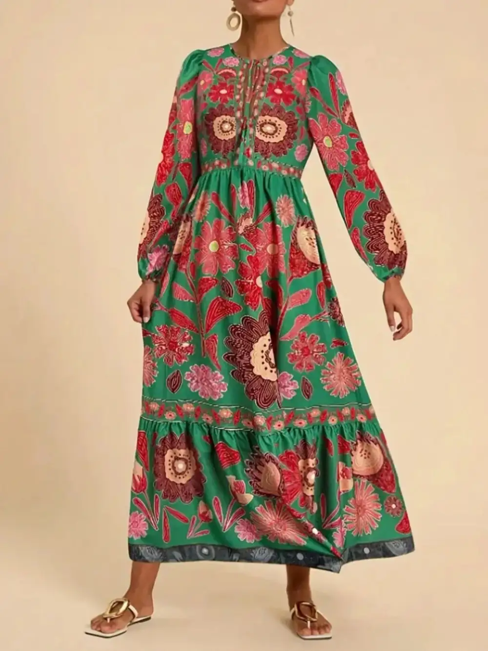 Floral Tie Waist Long Sleeve Dress Casual