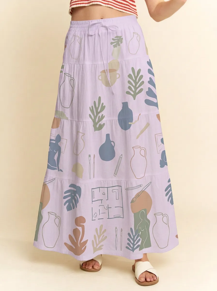 Women's Art-Inspired Pottery Vase Botanical Printed Maxi Skirt