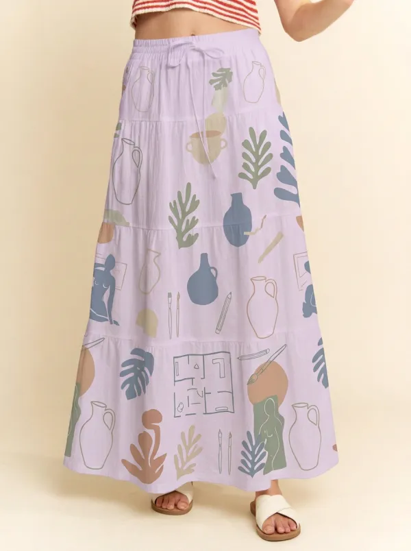 Women's Art-Inspired Pottery Vase Botanical Printed Maxi Skirt