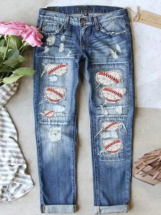 Women's Baseball Print Jeans