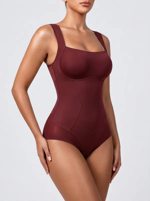 Women's Brown Square Neck Seamless Sculpting Bodysuit Shapewear