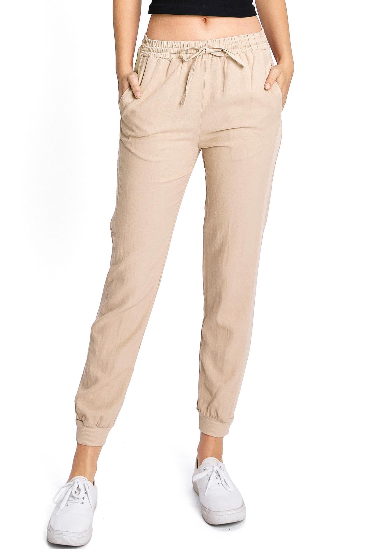 Beige Linen Drawstring Joggers